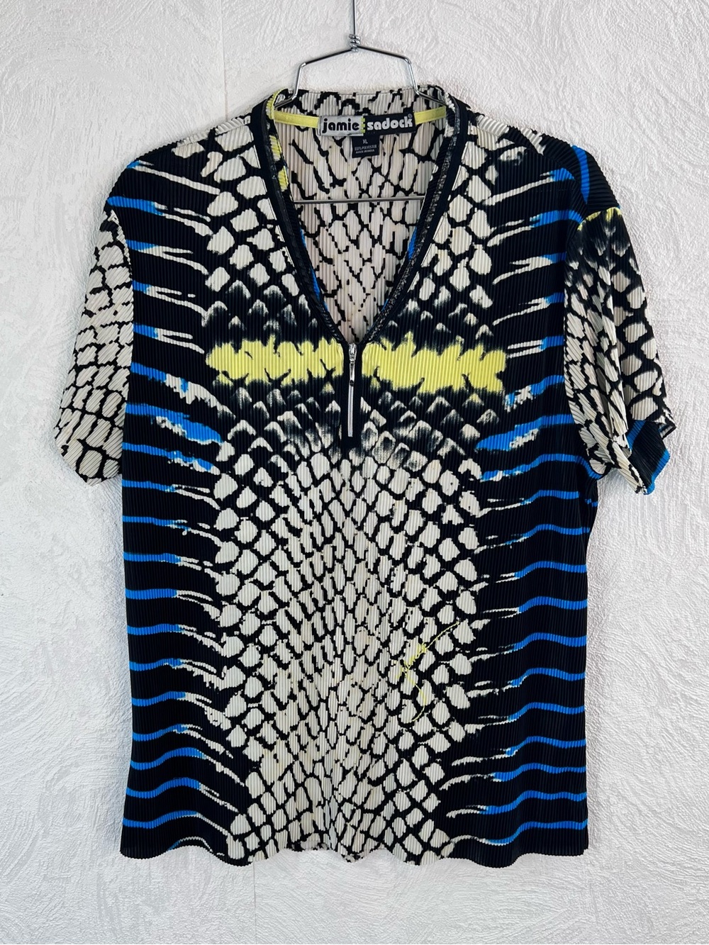 jamie sadock Black, Blue & Neon Yellow Abstract Zip Polo Golf Shirt Size X-Large